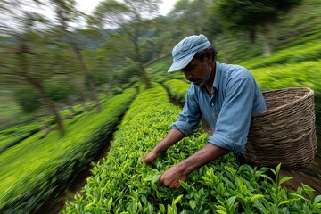 tea plantation with workers picking tea in blurred motion
