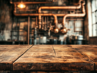 Rustic Wood Table with Vintage Industrial Distillery Background for Product Display