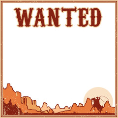 Showing vintage WANTED poster with cowboy lassoing horse, cacti, transparent background, copy space