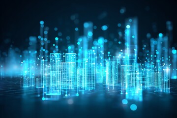 futuristic digital cityscape made of glowing blue wireframes and floating data streams, neon lights, cyberspace vibe