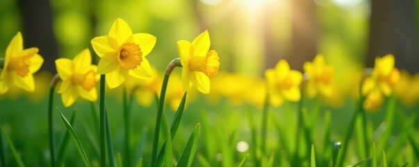 Obraz premium Bright yellow daffodils standing tall in a field of green grass with sunlight filtering through, fields, flowers