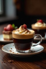 Dark espresso shot beside rich tiramisu, artistic lighting , food photography, backdrop, coffee