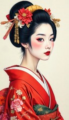 Geisha portrait on rice paper with delicate brushstrokes and vibrant ink colors, Japanese culture, beauty