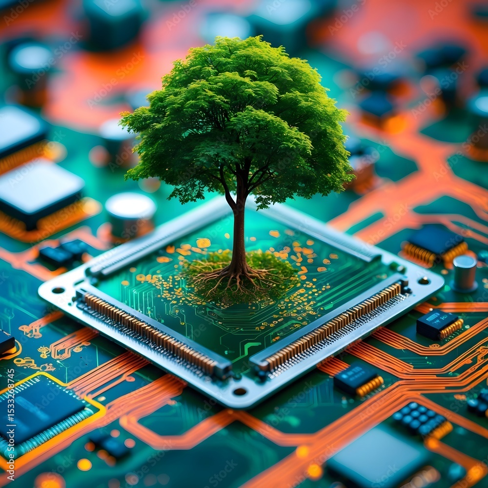 Poster A symbolic representation of nature's growth on a technological circuit board, highlighting the connection between environment and technology