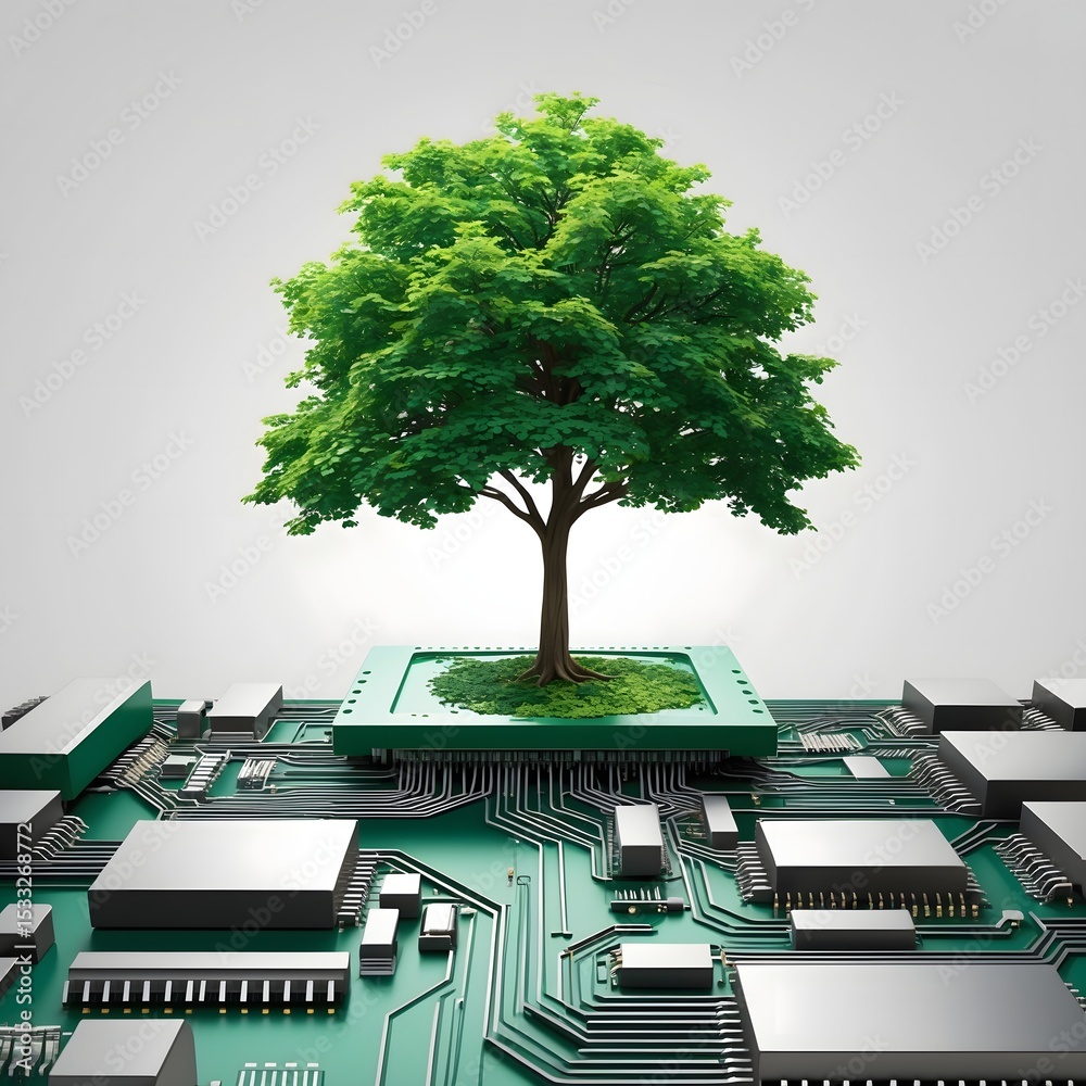 Poster a green tree rooted on top of a computer chip symbolizing the intersection of technology and the environment