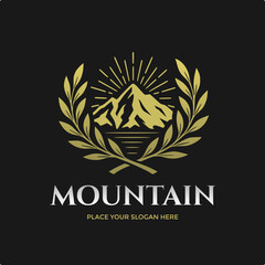 Luxurious logo features a golden mountain with sun rays and a laurel wreath, symbolizing peak excellence and natural prestige. Ideal for high-end resorts, outdoor brands, or premium services. 