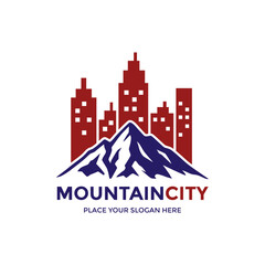 Dynamic logo combines mountains and a city skyline, symbolizing urban development within nature. Ideal for real estate, city planning, or environmental integration projects. 