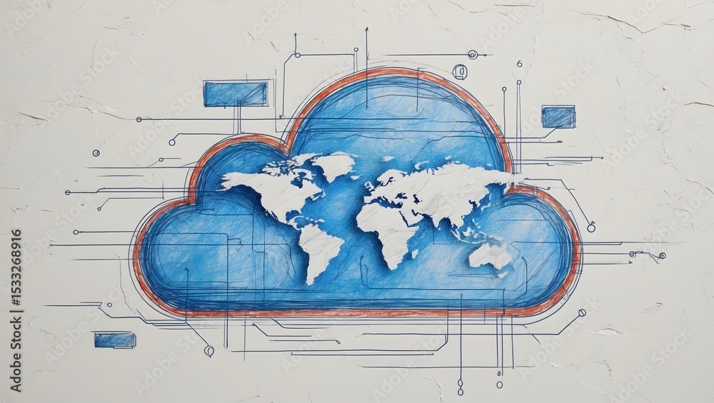 Poster cloud technology world map drawing. Cloud tech connectivity map sketch style