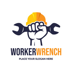 Powerful logo featuring a worker's hand gripping a wrench, crowned with a hardhat, symbolizing skilled labor and robust industry. Ideal for construction companies, repair services, or industrial trade