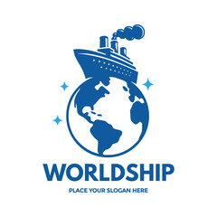 Dynamic logo featuring a ship on a globe, symbolizing worldwide shipping and global maritime connections. Ideal for international logistics, freight forwarders, or cruise lines. Represents comprehensi