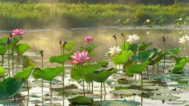 Lotus flowers in pond at dawn