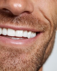 Obraz premium Close-up of a man’s mouth showing natural, healthy teeth with soft lighting.
