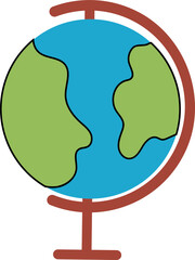 Flat vector is showing globe with green and blue on brown ring-stand, transparent background