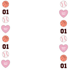 Sports-themed basketball, baseball and heart icons are forming borders on transparent vector canvas