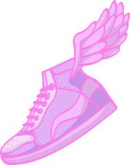 Winged high-top sneaker floating in flat design on transparent background showing laces, stitching