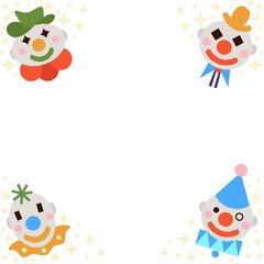 4 colorful cartoon clown heads forming border on transparent canvas with star sparkles, copy space