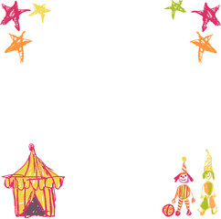 Cartoon circus border is being shown featuring tent, clowns and stars on transparent backdrop