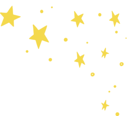 Cartoon-style flat design yellow stars and dots are scattering diagonally on transparent background