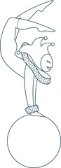 Stylized jester is doing inverted handstand on ball in monochrome line art, transparent background