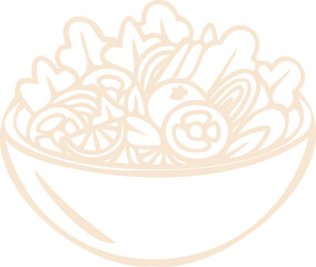 Salad bowl is showing leafy greens, tomato, cucumber slices in line-art on transparent background