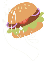 Cartoon-style illustration showing floating hamburger with beef, lettuce, swirls on clear backdrop