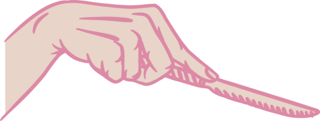 Cartoon-style pale hand is filing nail with serrated emery board on transparent background