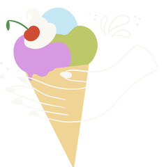 Showing flat pastel ice cream cone with whipped cream, cherry, line art on transparent, copy space