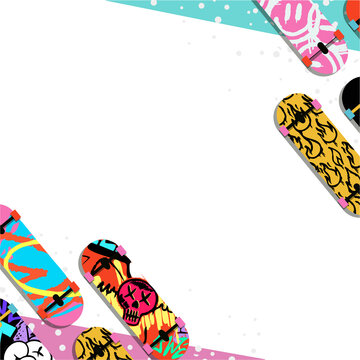 Fototapeta Floating skate decks are showing graffiti flames zebra print skull graphics on transparent canvas