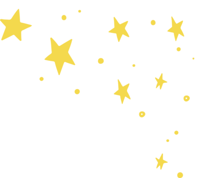 Cartoon-style flat design yellow stars and dots are scattering diagonally on transparent background