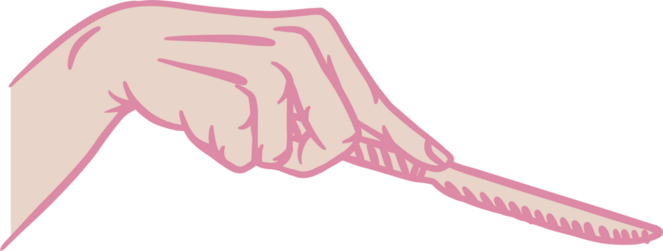 Cartoon-style pale hand is filing nail with serrated emery board on transparent background