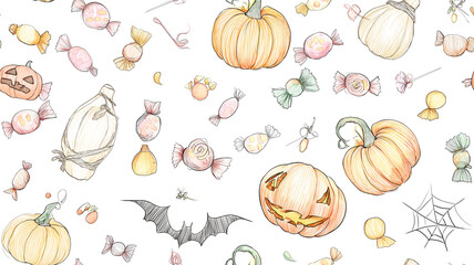 ハロウィン パターン 壁紙 秋のかぼちゃ キャンディー コウモリ 手描きタッチモチーフが織りなすWEB素材用背景デザイン