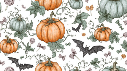 ナイトハロウィン パターンデザイン かぼちゃキャンディーと飛び交うコウモリ 季節感ある秋の装飾イラスト WEB素材背景向き