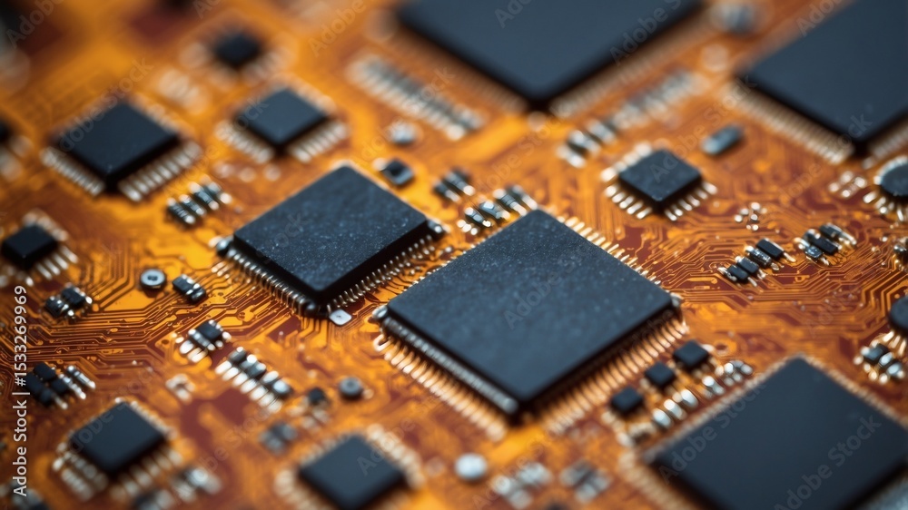 Aufkleber close-up of a circuit board with integrated circuits, showcasing advanced technology and computing capabilities. The board has a complex, detailed design with numerous components arranged precisely
