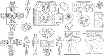 Obraz premium Architectural Drawings, people plan vector in park out door illustration, top view, Minimal style hand drawn, set elements for architecture and landscape design. Sections, Elevations, Floor Plans.