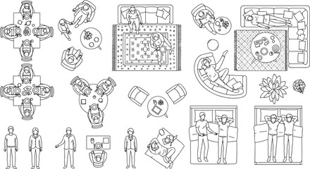 Architectural Drawings, people plan vector in park out door illustration, top view, Minimal style hand drawn, set elements for architecture and landscape design. Sections, Elevations, Floor Plans.