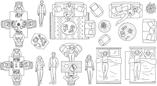 Architectural Drawings, people plan vector in park out door illustration, top view, Minimal style hand drawn, set elements for architecture and landscape design. Sections, Elevations, Floor Plans.