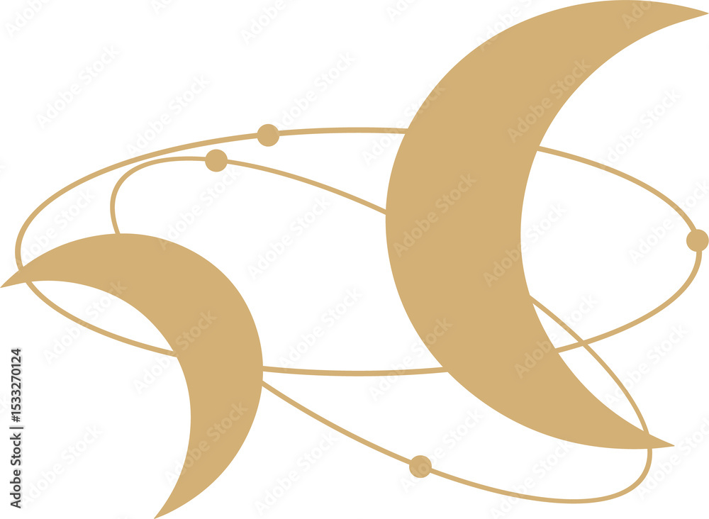 Poster flat design orbit is showing two gold crescents linked by lines and nodes on transparent backdrop