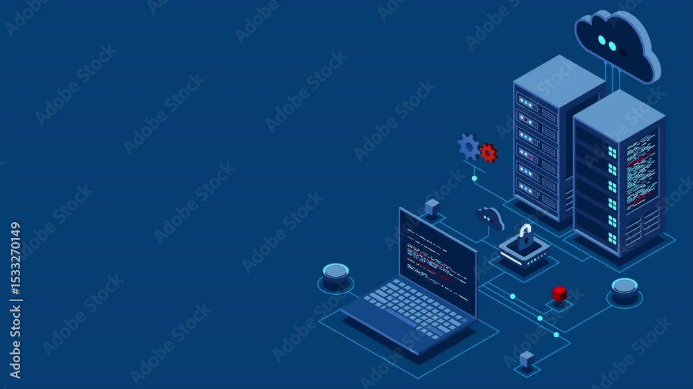 Poster Cyber data security. Internet security isometric concept. Server room connected with laptop through protected hub. Computing internet digital technology. 4K seamless loop animation