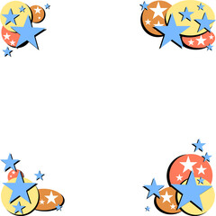 Flat design border is featuring yellow orange red circles and blue stars on transparent background