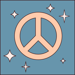 Peach peace symbol is floating on blue flat design with star sparkles, background transparent