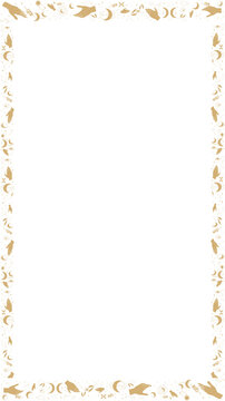 Flat design frame is showing gold botanical and animal motifs on transparent background, copy space