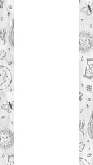 Displaying mystic doodles around teal rectangle in flat style on transparent background, copy space