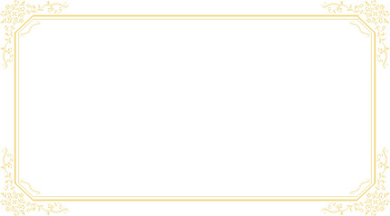 Intricate gold-tone vintage-style frame is glowing on transparent background with floral corners