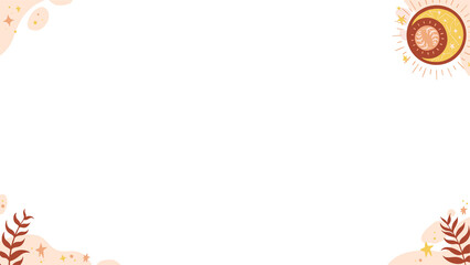 Displaying flat-design frame with sun motif, coral branches, star icons on transparent backdrop