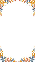 Floral border is framing space in flat style, with orange and blue leaves, transparent background