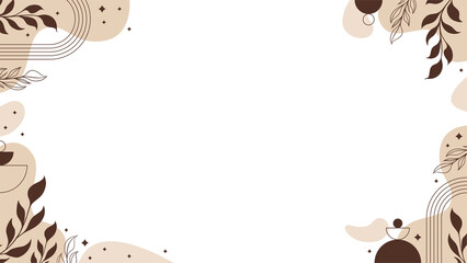 Flat design border is framing teal area with leaves, arcs, blobs and stars, transparent background