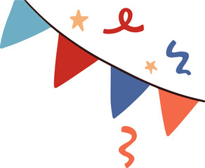 Pennant banner is being shown in flat design with black string, confetti on transparent canvas