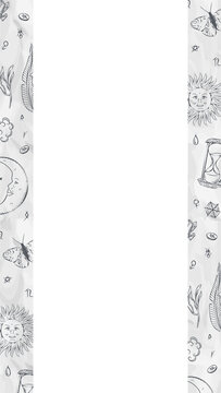 Displaying mystic doodles around teal rectangle in flat style on transparent background, copy space