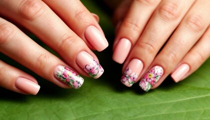 Elegant manicure with floral design on nails against green leaf background -  
