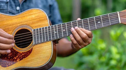 Fototapeta premium Close Up Of Hands Playing Acoustic Guitar Outdoors